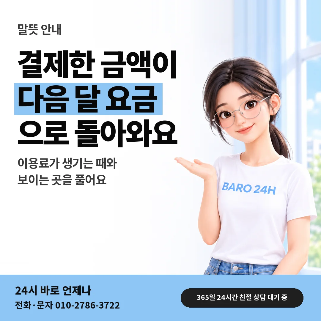 BARO 24H 티셔츠를 입은 3D 인물 옆에 「이용료 뜻 풀이」 제목을 얹은 안내 카드